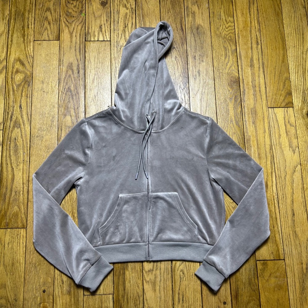 Better Together Taupe Grey Velour Zip‎ Up Cropped Hoodie Sweatshirt Size M